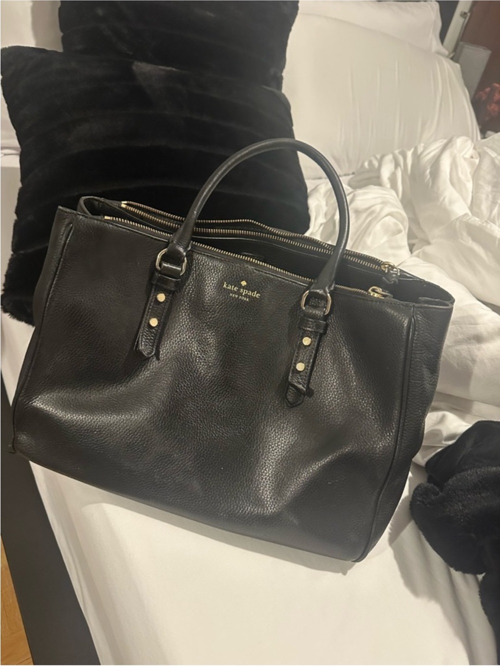 kate spade Black Pebbled Leather Satchel with Gold Hardware